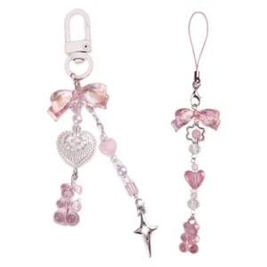 Fashion Bear Bowknot Bead Charm Pendant Phone Chain Pocket Keychain Strap - Zdjęcie 1 z 10