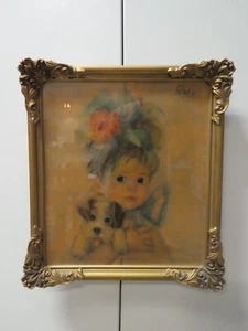 VINTAGE FRAMED ORIGINAL STREV PRINT BIG EYED GIRL MID CENTURY - Picture 1 of 7