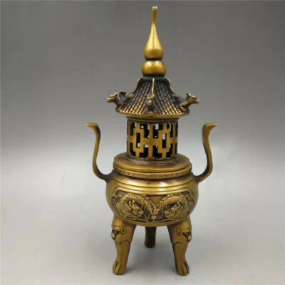 Quemadores de incienso trípode patrón dragón adorno horno torre calabaza latón antiguo 24 cm Foto 1 de 4