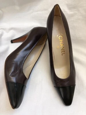 CHANEL NEW  Womens Shoes 38 1/2 D Brown Leather Black Cap Toe Heels Ladies Pumps - Image 1 of 4
