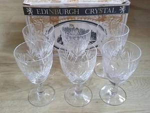 Vintage Edinburgh Crystal Cut Lochiel Pattern White Wine Glass x 6 Boxed Signed - Picture 1 of 5