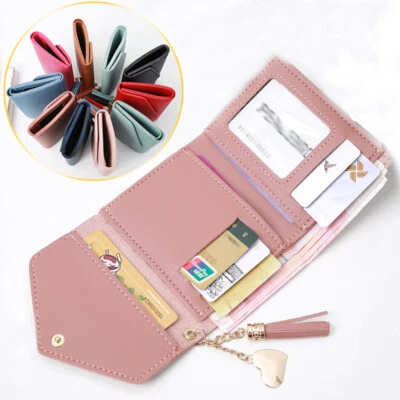 Mini monedero porta tarjetas con bolsillo de cuero doble pliegue pequeño bloqueo RFID para mujer Foto 1 de 4