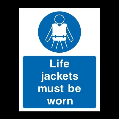 HEALTH&SAFETYDIRECT Life Jackets Must be Worn Plastic Sign OR Sticker - A6 A5 A4 (WS37)
