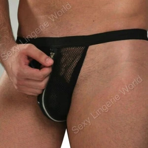 Men Special Underwear Zipper Thong Fishnet Faux leather Penis Pouch Sexy Pants X - Picture 1 of 45