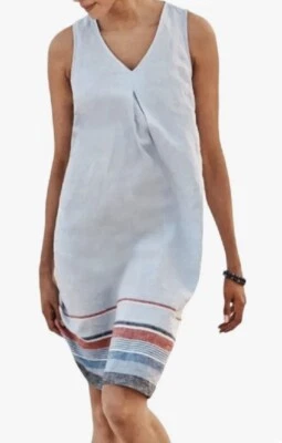 J Jill Love Linen V-Neck Sleeveless Blue Red Stripes Pockets Dress S/P - Image 1 of 4