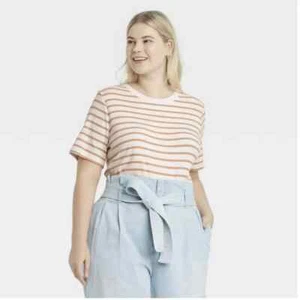 A New Day Women's Striped Short Sleeve Ribbed T-Shirt Brown & White 2X NEW - Picture 1 of 4