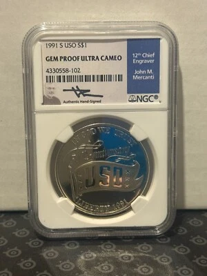 1991-S USO Dollar NGC Gem Proof Ultra Cameo John M. Mercanti Autograph, 12th - Image 1 of 2