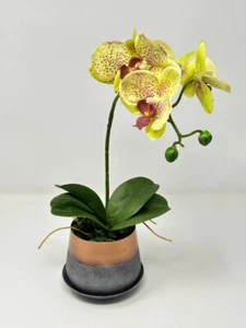 14" Potted Yellow PHALAENOPSIS ORCHID faux Silk flower plant in copper metal pot - Picture 1 of 5