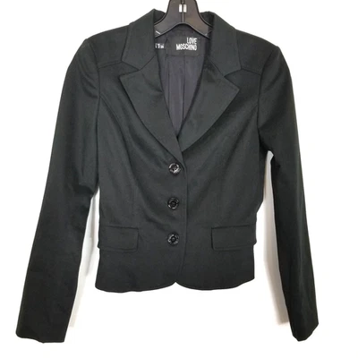 Love Moschino Women Cotton Blazer Jacket Sz 2 Black Button Up Crop Designer - Image 1 of 4