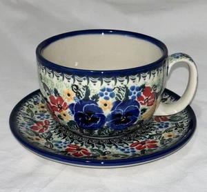 Tazza/piattino ceramica polacca disegno floreale Boleslawiec set unico 12 oz - Foto 1 di 9