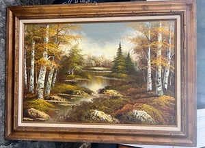 Old Vintage German Mountain Landscape Forest Oil Painting Art Trees Lake Forest - Picture 1 of 20