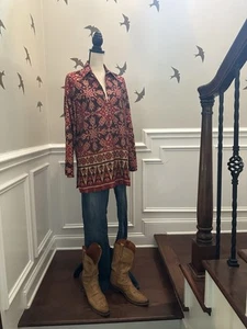 Top Lauren Ralph Lauren donna L medaglione oro Ikat Roll Tab Southwestern Boho - Foto 1 di 15