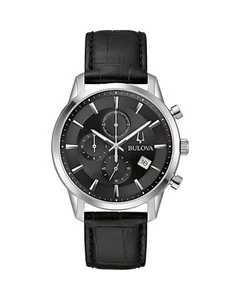 Mens Bulova Classic Sutton Black Strap Chronograph Watch Black Dial Model 96B403 - Picture 1 of 11