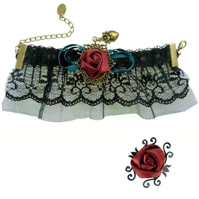 Bracelet manchette + bague femme Gothique noir doré bordeaux dentelle coeur - Photo 1/4