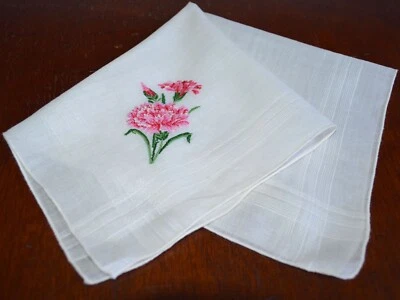 VINTAGE HANKIE WHITE COTTON PINK CARNATIONS & BUDS EMBROIDERED GREEN STEMS SWEET - Image 1 of 3