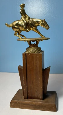 Solid Metal Gold Tone Topper Wood MCM Art Deco Dressage Equestrian Horse Trophy - Image 1 of 4