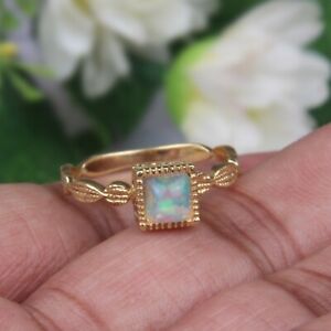 Yellow Gold Plated Ethiopian Opal Square Ring Women's Engagement Ring 