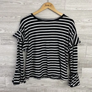 Sundry Womens Black & White Ruffle Trim Long Sleeve Blouse size 1 - Picture 1 of 5