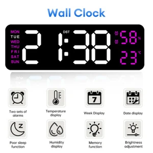 Large LED Digital Wall Desk Clock w/Calendar, Temperature & Date Display - Picture 1 of 6