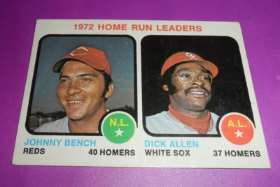 ⚾ 1973 Topps Hof Johnny Bench & Dick Allen 1972 HR Leaders #62 ERROR TRASERO EN BLANCO Foto 1 de 3