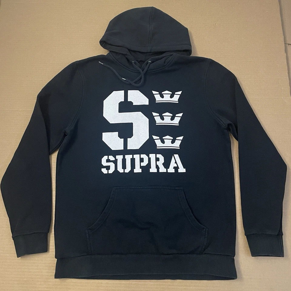 Moletom com capuz vintage Supra adulto médio preto pulôver logotipo skate Y2K masculino - Imagem 1 de 4
