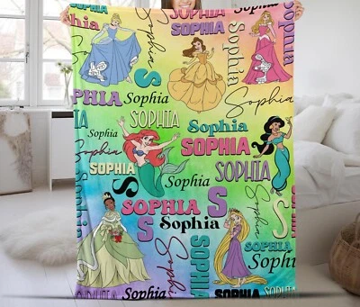 Personalized Watercolor Disney Princess Blanket, Custom Name Baby Girl, Disney P - Image 1 of 4