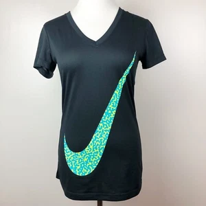 Nike Dri-Fit Tee Womens XS V-Neck Swoosh Logo Black Blue Neon Short Sleeve Shirt - Picture 1 of 10