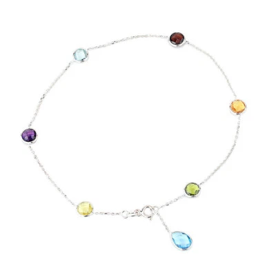 Tobillera de piedras preciosas de oro blanco de 14K con una caída de topacio azul de 11 pulgadas Foto 1 de 3