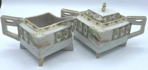 Japan Square Creamer & Sugar with Lid Handpainted Moriage Vintage/Antique - Picture 1 of 4