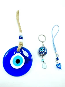 Turkish Evil Eye Set of 3 Glass Bead Home Decor + Ceramic Key Holder + Car Decor - Picture 1 of 9