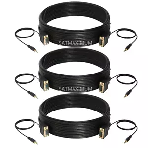 3 pcs 25FT SVGA Super VGA 3.5mm Aux Cable Audio Video Male to Male Monitor - Picture 1 of 4