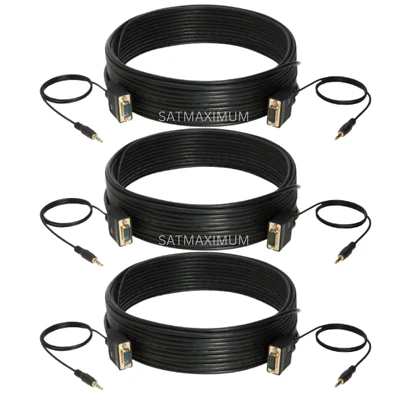 3 pcs 25FT SVGA Super VGA 3.5mm Aux Cable Audio Video Male to Male Monitor - Image 1 of 4