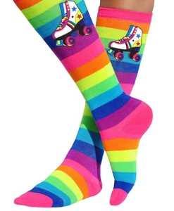 Girls Socks Rainbow Stripe Knee High Stockings Kids Skating Party Roller Skates - Picture 1 of 4