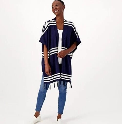 Denim & Co. Canyon Retreat Jacquard Frente Abierto Ruana con Borla Azul Marino XL/1X A522806 Foto 1 de 1