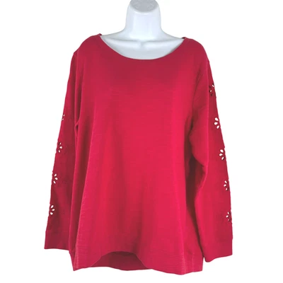 Talbots 卫衣 毛衣 1X 红色花卉镂空袖 棉 全新带标签 TP-3617 — 第 1/4 张图片