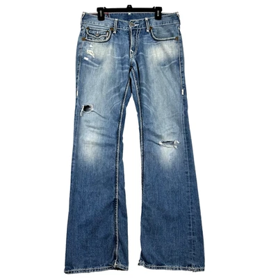 Y2K True Religion 34x32 Billy Giant Big T Pocket Flap Men's Distressed Jeans 00s - Image 1 of 4