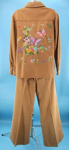 VTG Women's 70s 2 Pc Tan Embroidered Pants & Jacket Set M/L 1970 Leisure Suit - Picture 1 of 23
