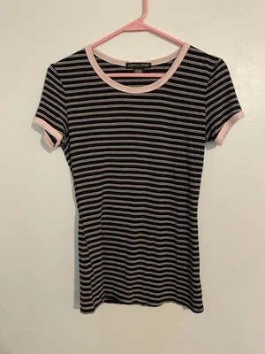 American Dream Medium  Y2K Shirt Black Pink Stripes Short Sleeve S45 - Image 1 of 4
