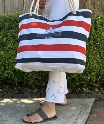 CAPRI Италия красный белый синий в полоску холст сумка с короткими ручками Shopper сумка - Изображение 1 из 3