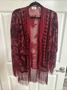 Mina Collection Samt Ausbrenner Kimono Fransen Boho Gypsy WitchyGoth rot romantisch - Bild 1 von 5
