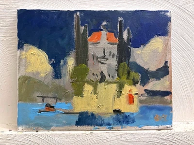 Castillo rural francés paisaje marino cubista moderno óleo original lienzo 11”x14” Foto 1 de 2