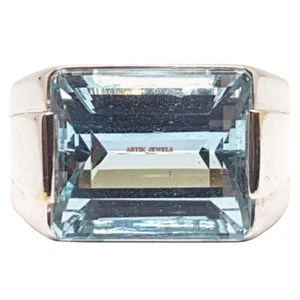 Natural Blue Topaz Gemstone with 14K White Gold Plated Silver Ring for Men AJ534 - Picture 1 of 13