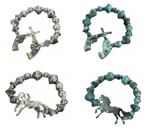 Bracciale Stretch Western Pistola Pistola Cavallo Gioielli Patina Turchese Blu Argento - Foto 1 di 9