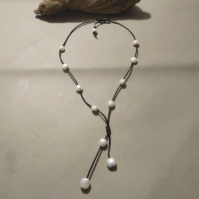 Colar feito à mão pérola couro cordão estilo Lariat 24 polegadas - Imagem 1 de 4