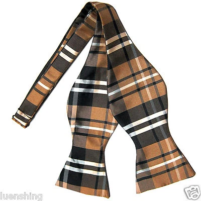 New Men's Polyester plaid checkers self-tied Bow Tie brown formal wedding - Image 1 of 2