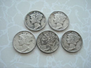 LOTE DE 5 MONEDAS DE DIEZ MONEDAS DE MERCURIO DE PLATA, TODAS LAS FECHAS COMPLETAS, 1935,36,37,38,39 M-50 - Imagen 1 de 2