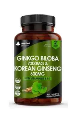 NEW LEAF PRODUCTS Ginkgo Biloba 7000mg & Korean (Panax) Ginseng 600mg Tablets with Vitamin B3 & B5