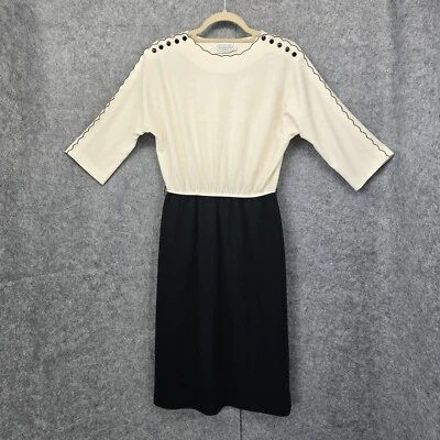 复古 20 世纪 80 年代 Leslie Fay 中号连衣裙? 奶油色/黑色 2 色混纺汗布针织 — 第 1/4 张图片