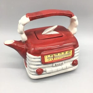 Blue Sky Clayworks Vtg Red Radio Teapot Retro Gray Decorative Push Button 14715 - Picture 1 of 10