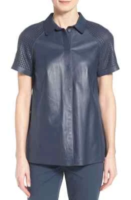 NUEVA BLUSA MANGA CORTA DE CUERO AZUL CON REJILLA LAFAYETTE 148 TALLA S Foto 1 de 4